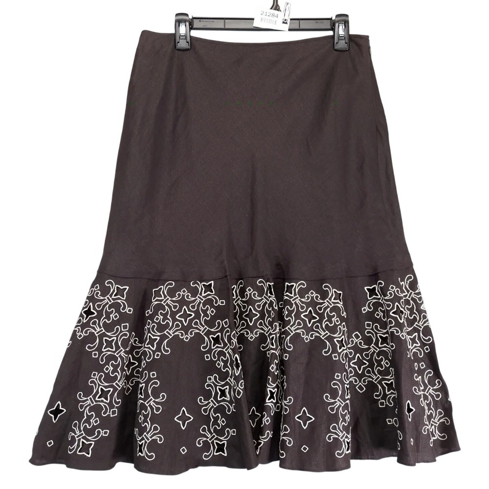 Jones New York Brown Linen Midi Skirt Size 8‎ Cutout Embroidered Lined Classic